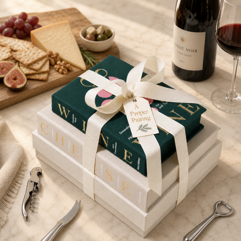 With Appreciation | Thankful Hostess Gift Box Gift box with a Wine and Cheese theme including books with essential tools for wine and cheese inside linen wrapped keepsake books.